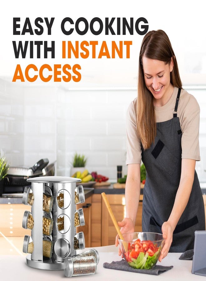 تشير كوليكشن رف توابل دوار من مجموعة تشير، مناسب لسطح المطبخ، مزود بـ 12 برطمانًا، ومنظم تخزين دوار من الفولاذ المقاوم للصدأ للتوابل والبهارات، بالإضافة إلى قلم قابل للمسح الجاف و48 ملصقًا قابلاً لإعادة الاستخدام. - Image 5