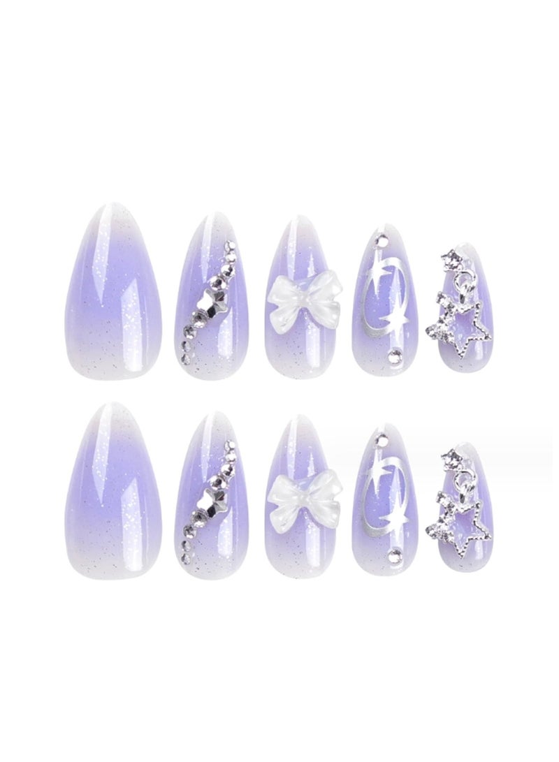 general Long Almond Presser Nail Bow Purple Fake Nail Tips Full Coverage Ladies and Girls Fake Gradient Nails 24PCS - Image 2