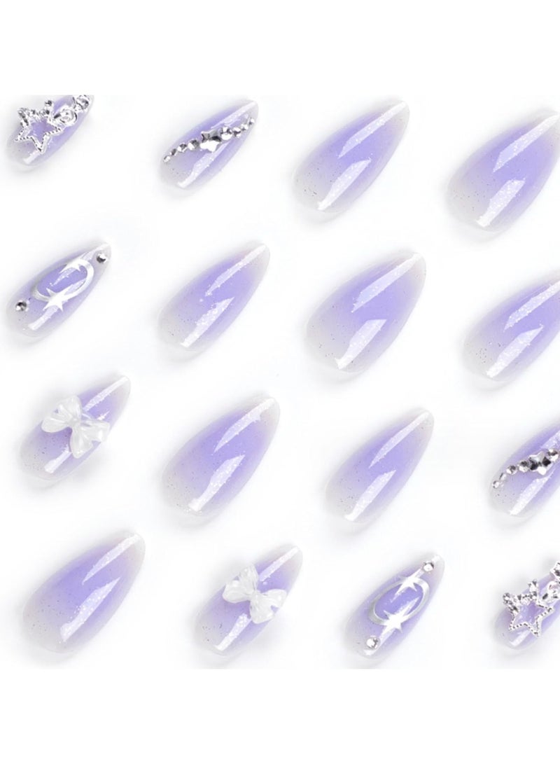 general Long Almond Presser Nail Bow Purple Fake Nail Tips Full Coverage Ladies and Girls Fake Gradient Nails 24PCS - Image 3