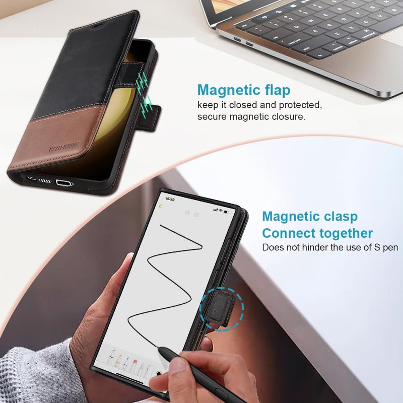 KEZiHOME for Samsung Galaxy S25 Ultra Case, Genuine Leather [RFID Blocking] Galaxy S25 Ultra Wallet Case, Card Slot Flip Magnetic Stand Phone Cover Compatible with Samsung S25 Ultra (Black/Brown) - Image 5