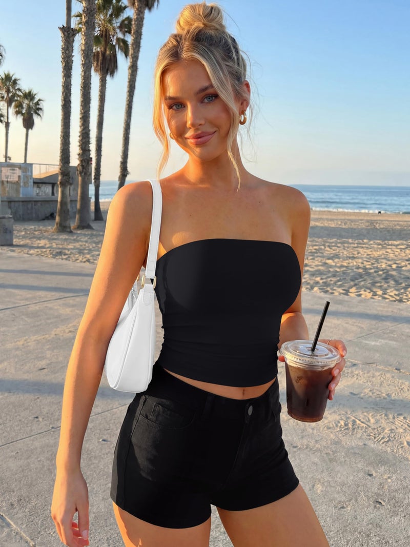 Trendy Queen Double Lined Tube Top for Women Backless Strapless Bandeau Bikini Cute Crop Tank for Teen Summer Going Out Party Black S - Image 3