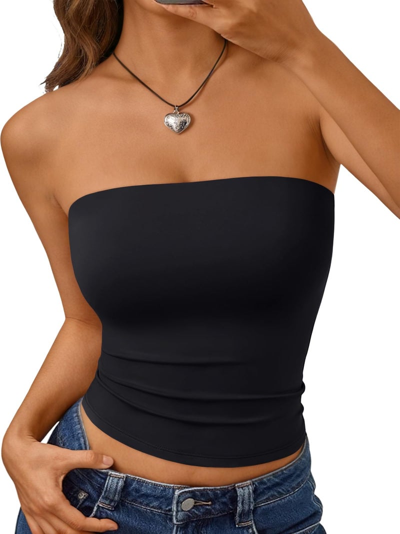 Trendy Queen Double Lined Tube Top for Women Backless Strapless Bandeau Bikini Cute Crop Tank for Teen Summer Going Out Party Black S - Image 1