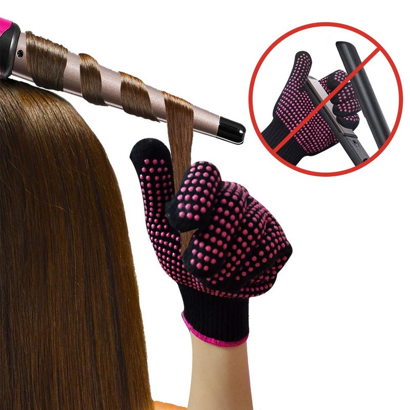 AFT90 2 Pcs Professional Heat Resistant Glove for Hair Styling Heat Blocking Gloves for Curling, Flat Iron and Hair Styling Tools, Silicone Bump, Pink Edge - Image 3
