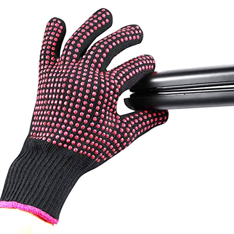 AFT90 2 Pcs Professional Heat Resistant Glove for Hair Styling Heat Blocking Gloves for Curling, Flat Iron and Hair Styling Tools, Silicone Bump, Pink Edge - Image 2