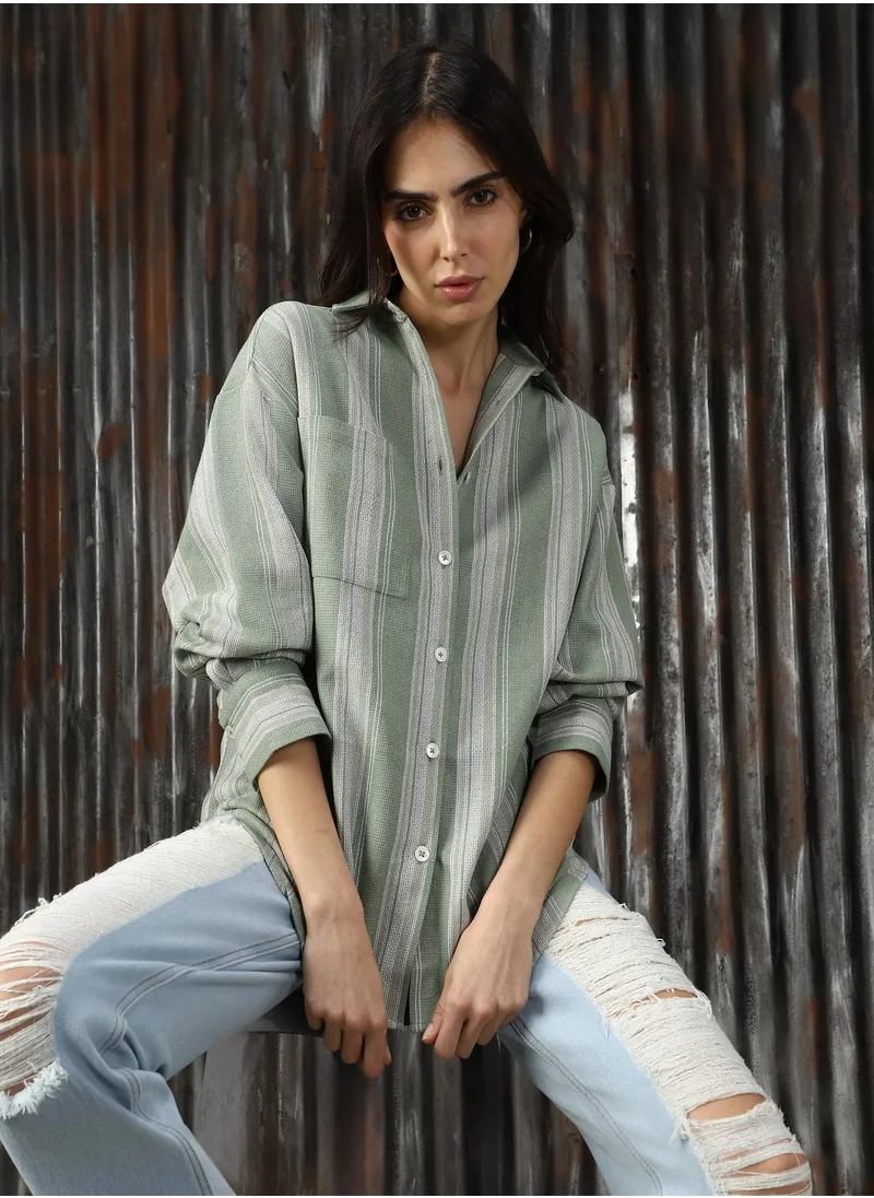 هاي ستار Women's Green Cotton Blend Striped Button Down Shirt