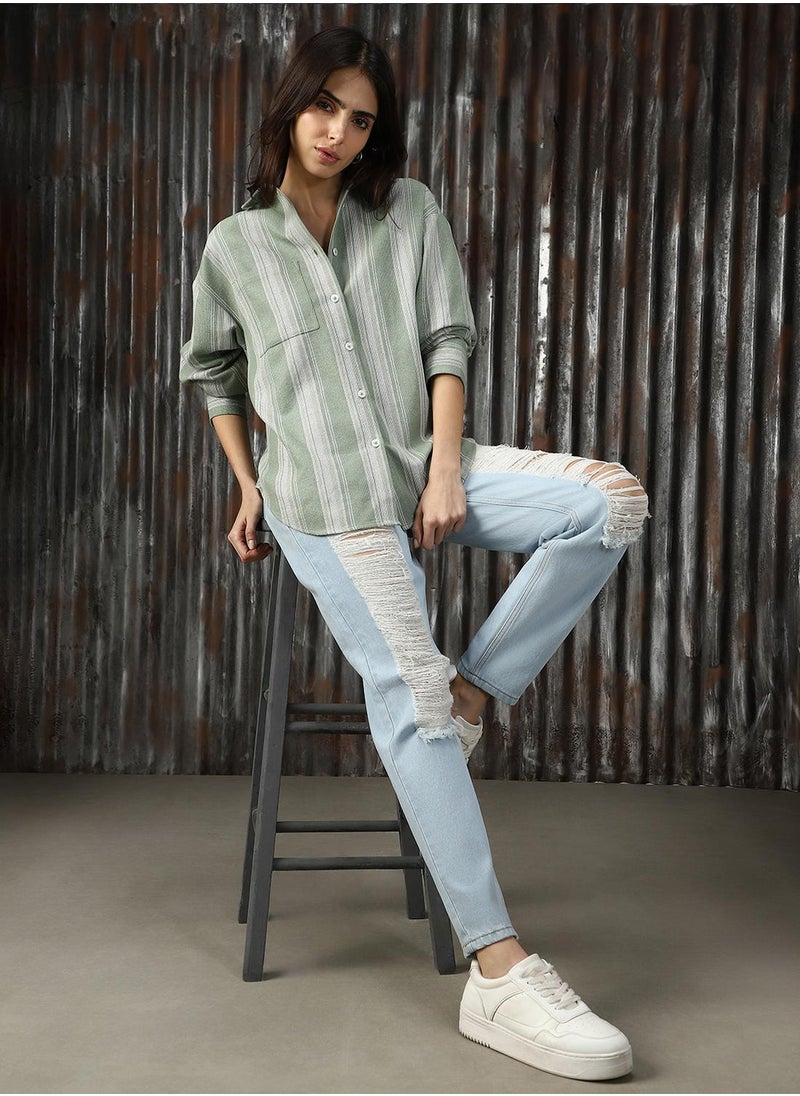HIGH STAR - Women's Green Cotton Blend Striped Button Down Shirt - Image 1
