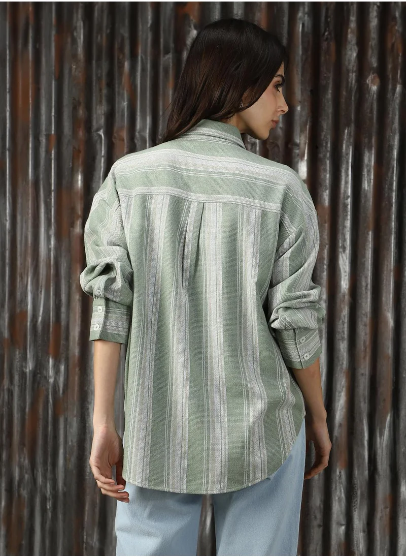 هاي ستار Women's Green Cotton Blend Striped Button Down Shirt