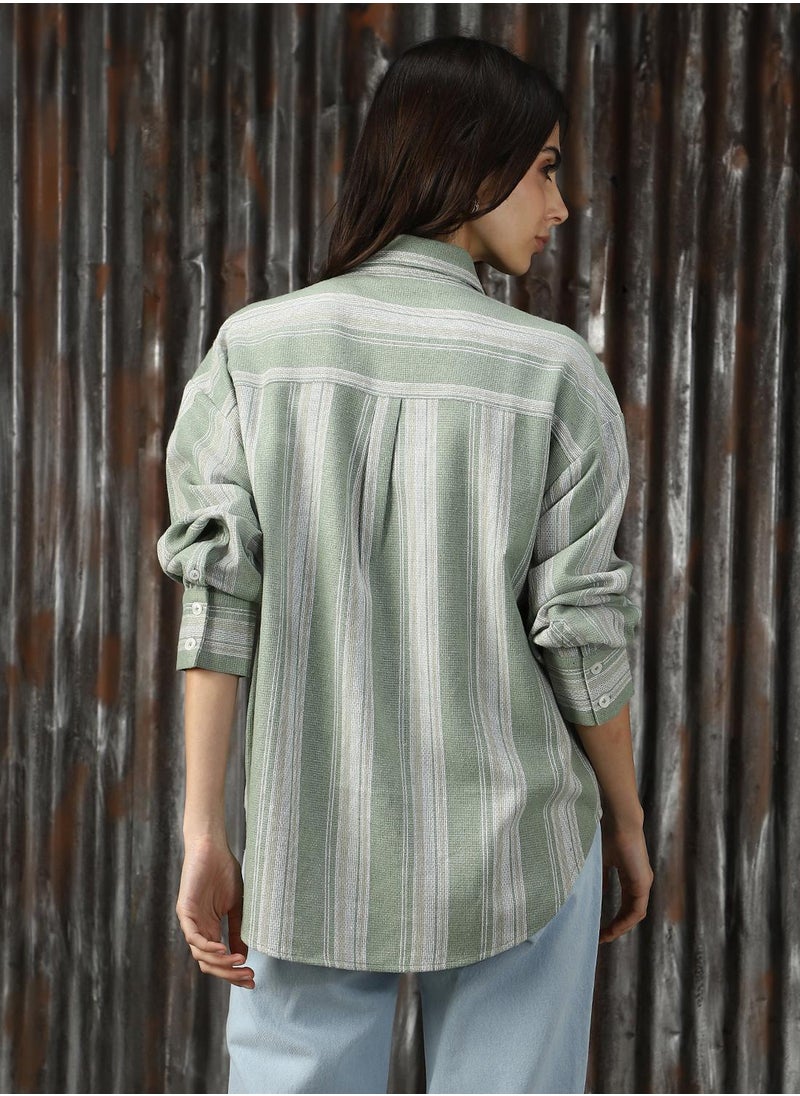 HIGH STAR - Women's Green Cotton Blend Striped Button Down Shirt - Image 1