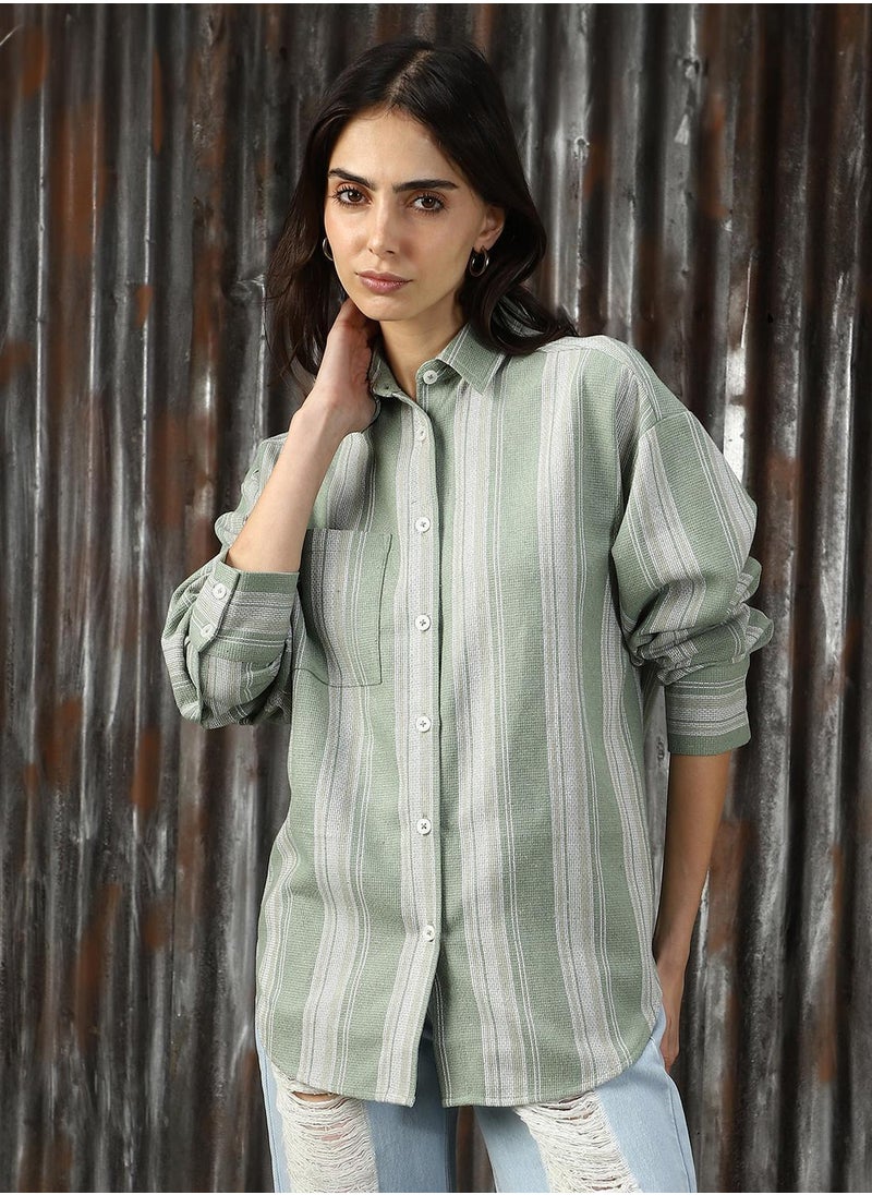 HIGH STAR - Women's Green Cotton Blend Striped Button Down Shirt - Image 1