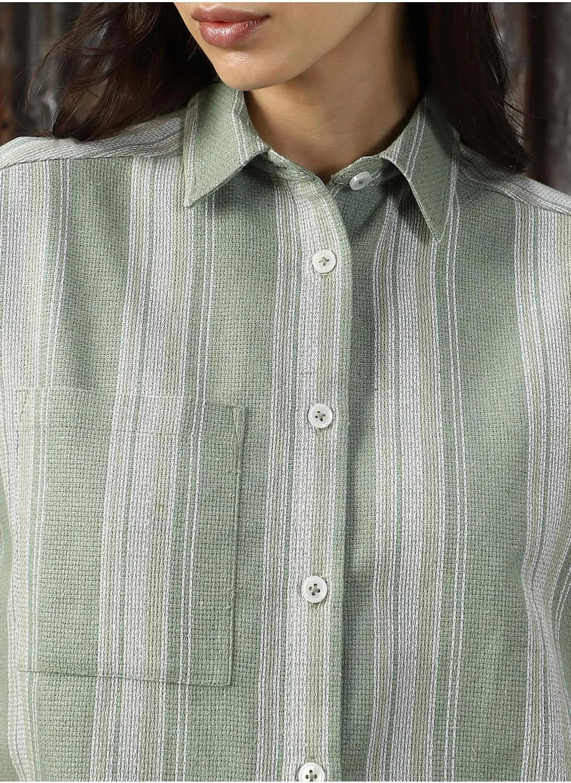 هاي ستار Women's Green Cotton Blend Striped Button Down Shirt