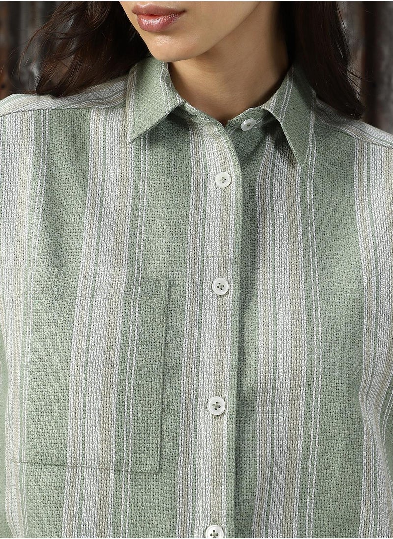HIGH STAR - Women's Green Cotton Blend Striped Button Down Shirt - Image 1