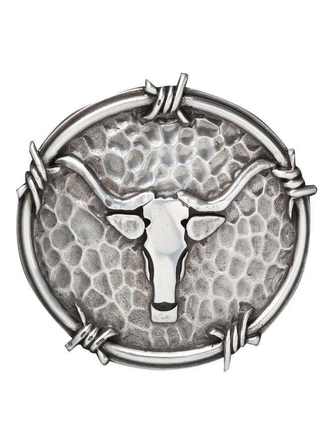 ARIAT Men's Western Buckle, Antique Silver with Steer Head Motif and Barbwire Edging, Hammered Oval Design, 2-3/4" X 3-3/4" - Image 1