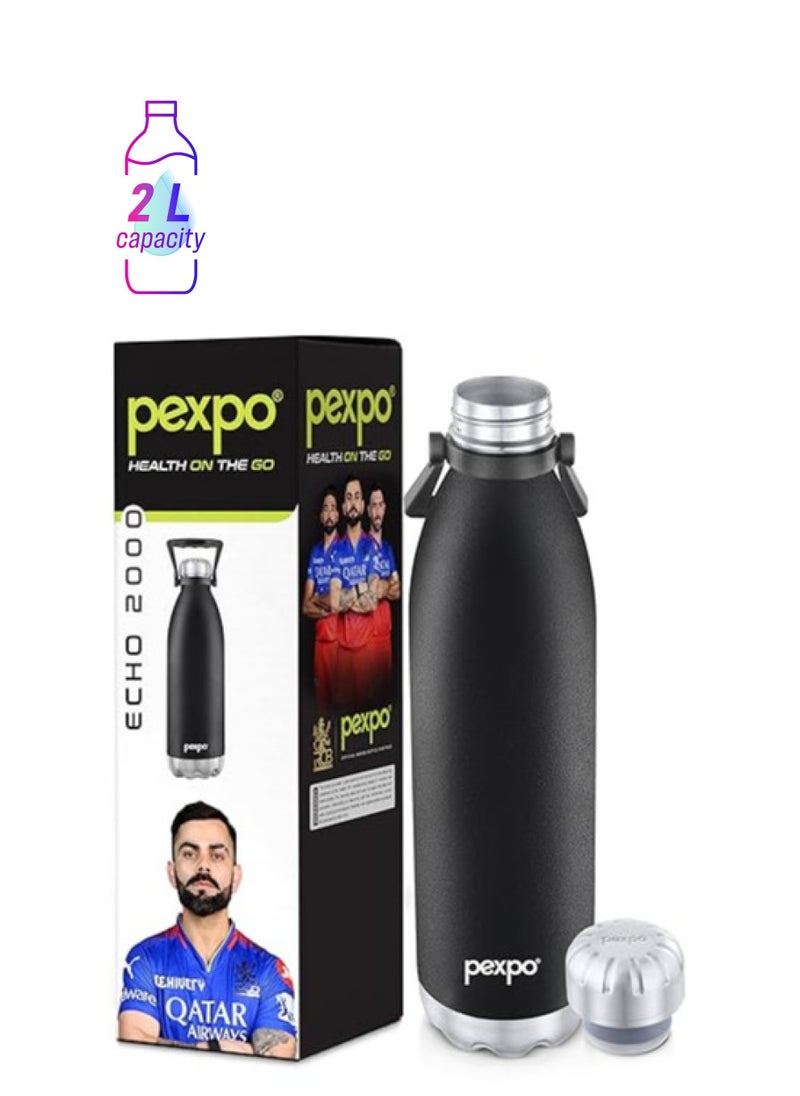 Atlasware Pexpo Echo Pro ISI Certified |2000ml Knight Black Water Bottle for Office| Vacuum Insulated Flask with Handle|24 Hrs Hot & Cold  - Image 1