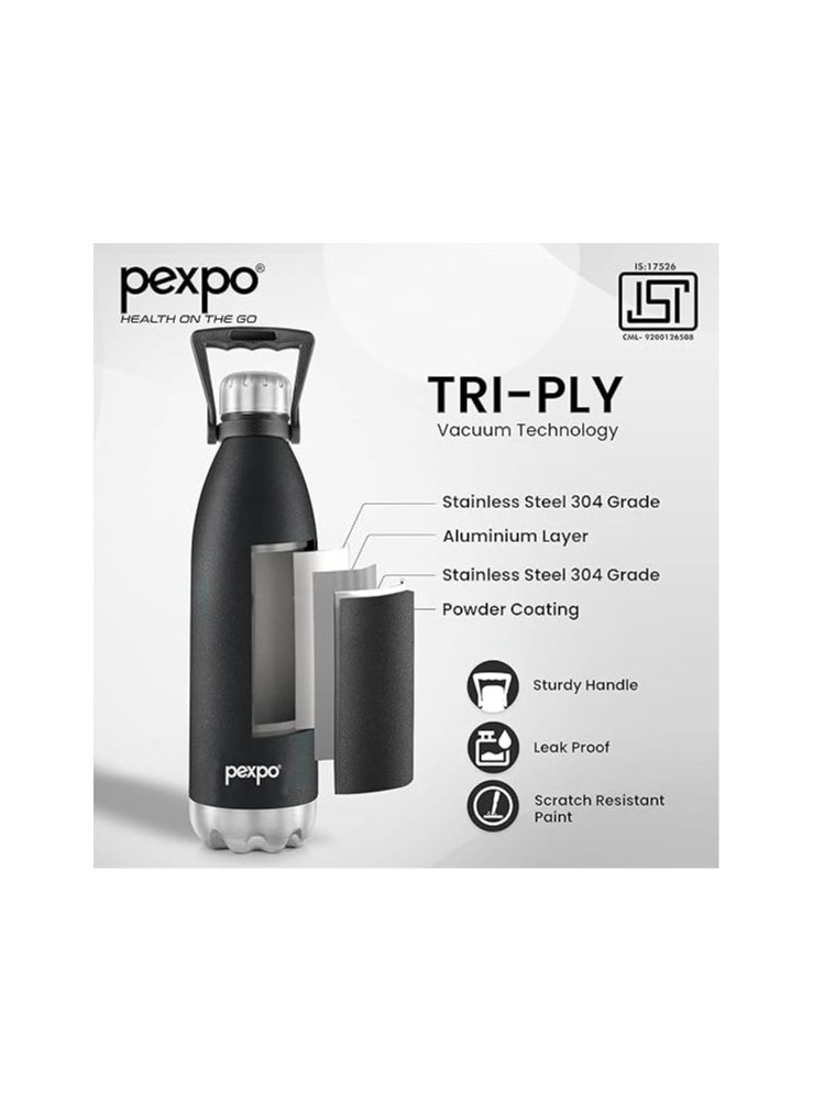 Atlasware Pexpo Echo Pro ISI Certified |2000ml Knight Black Water Bottle for Office| Vacuum Insulated Flask with Handle|24 Hrs Hot & Cold  - Image 2
