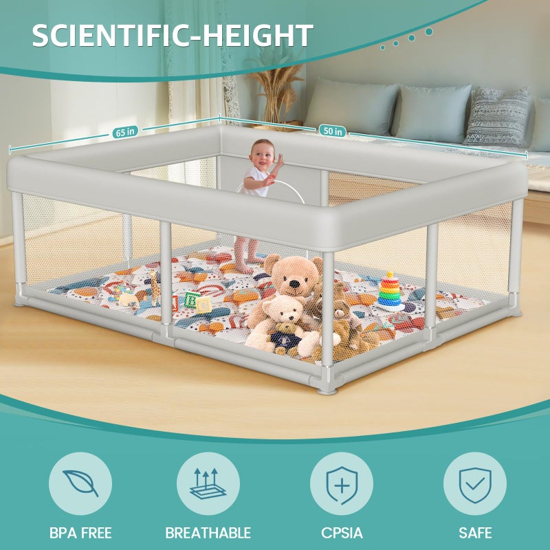 Hiaksedt 65 x 50 Inch Baby Playpen with Mat, PlayPen for Babies and Toddlers, Sturdy Safety Play Yard for Indoor & Outdoor with Zipper Gates - Image 5