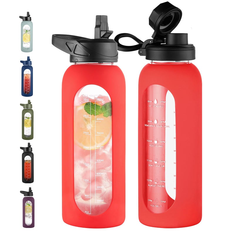 CIVAGO 40 oz Glass Water Bottle with Straw and Handle  Large Sports Motivational Water Bottle Flask with Time Marker and 2 Lids  Leakproof Water Jug Canteen with Silicone Sleeve for Gym Red - Image 1