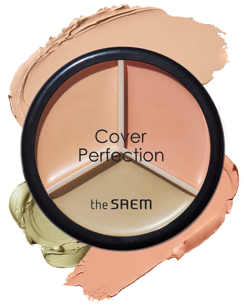 THESAEM Cover Perfection Triple Pot Concealer 3 Color Concealer with Clear Beige Green Peach Shades Full Coverage to Correct Conceal Redness Dark Circles 01 Correct Beige