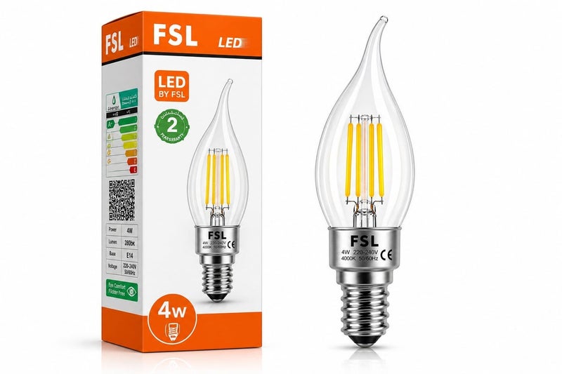 FSL LED Candle Bulb 4W E14 Base – Warm White 2700K Decorative Light Bulb – Energy Saving Chandelier Lamp for Bedroom, Living Room & Table Lamps – 15000 Hours Lifespan - Image 1