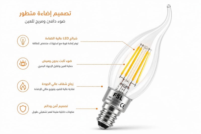 FSL LED Candle Bulb 4W E14 Base – Warm White 2700K Decorative Light Bulb – Energy Saving Chandelier Lamp for Bedroom, Living Room & Table Lamps – 15000 Hours Lifespan - Image 2