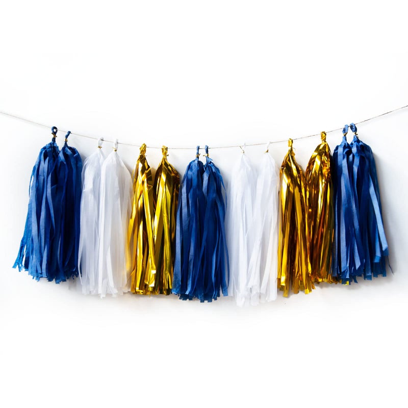 AIM  GGKK Navy BlueGold and White Tassel Garland Banner Tissue Paper Tassels for Party Suppiles DecorationsWedding DecorationsNursery DecorEngagementFootball Party DIY Kits15PCS