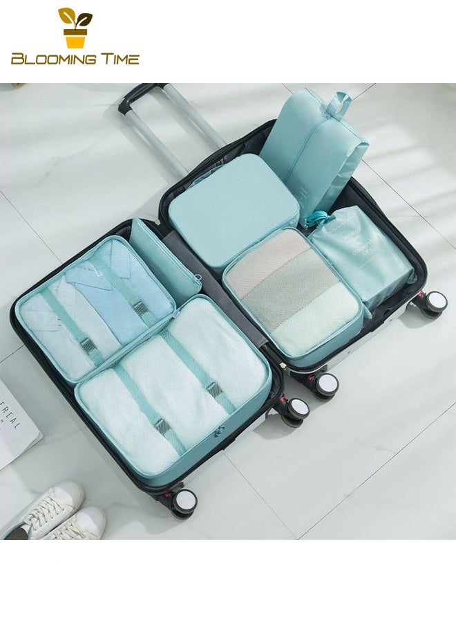 بلومنغ تايم مجموعة أمتعة سفر مقاومة للماء والضغط من 7 قطع ، تصميم قسم ، خفة ، متانة ، سفر خارجي ، عمل أو متعدد الأيام ، أزرق - Image 1
