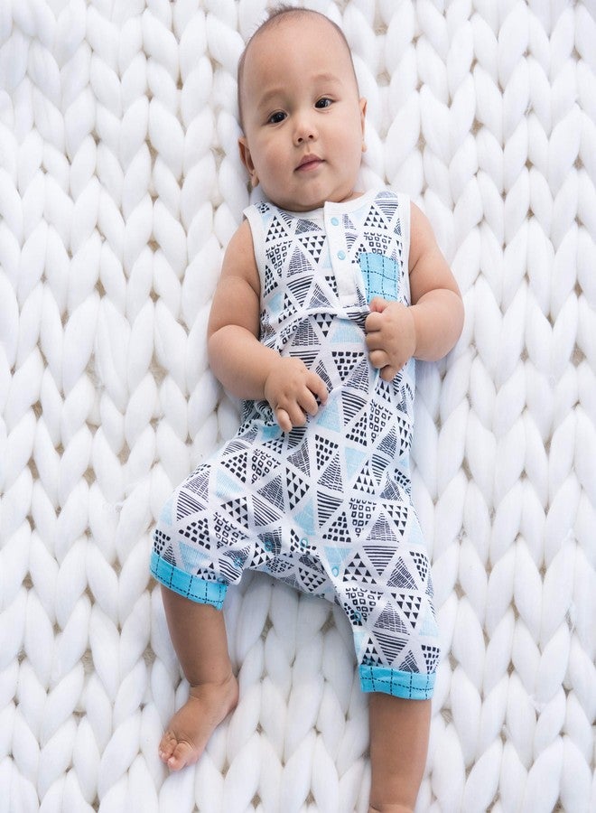 Lamaze Baby Boys' Super Combed Natural Romper, 1 Piece Coverall, Sleeveless Jumpsuit with Below The Knee Shorts, 1 Pack, Black/Blue Triangles, Newborn - Image 4