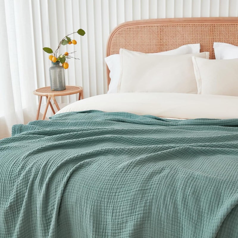 EMME Muslin Blanket for Adults 100% Cotton, 274 x 228 cm Teal Summer Throw Blankets for Couch, Breathable Gauze Blanket for All Seasons, Soft and Lightweight Pre-Washed Cotton Blanket - Image 1