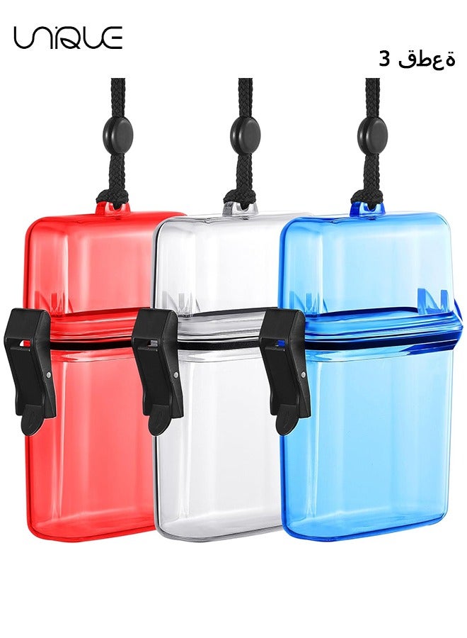 Unique 3 Pieces Waterproof Case ID Card Holder with Floating Sports Case Locker with Hanging Ring and Rope (Clear and Blue and Red)  - Image 1