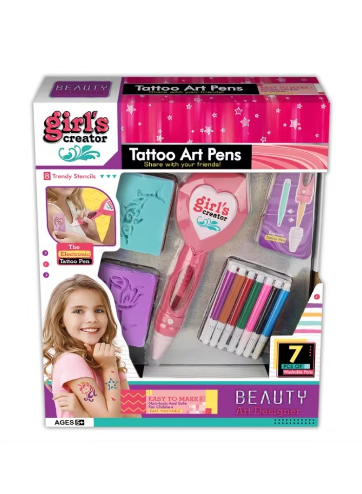 WAHA TOYS Tattoo Art Pen Kit for Kids – Creative DIY Beauty Play Set with Tattoo Markers & Stencils | Pretend Play Makeup & Tattoo Design Kit for Girls - Image 1