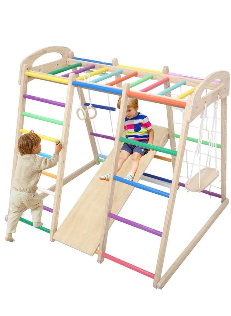 XiuWoo 7 in 1 Climbing Frame Indoor Household Solid Wood Children Small Family Park Slide, Rope Wall Climber, Monkey Bars, Swing Baby Rock Climbing Slide Swing Combination - Image 2