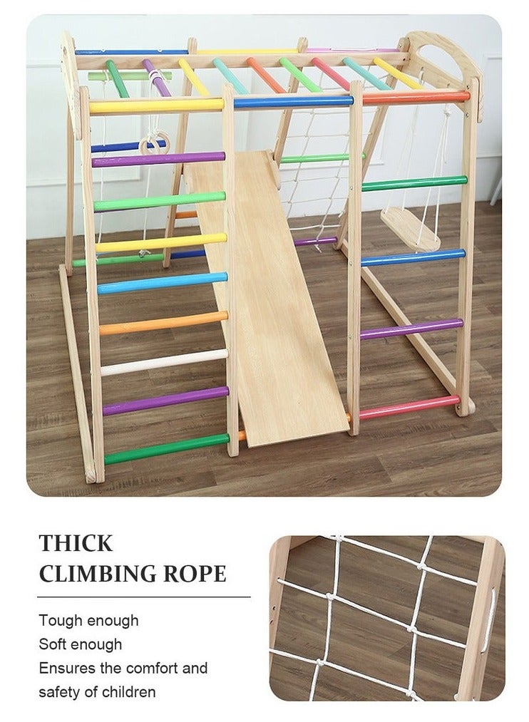 XiuWoo 7 in 1 Climbing Frame Indoor Household Solid Wood Children Small Family Park Slide, Rope Wall Climber, Monkey Bars, Swing Baby Rock Climbing Slide Swing Combination - Image 4