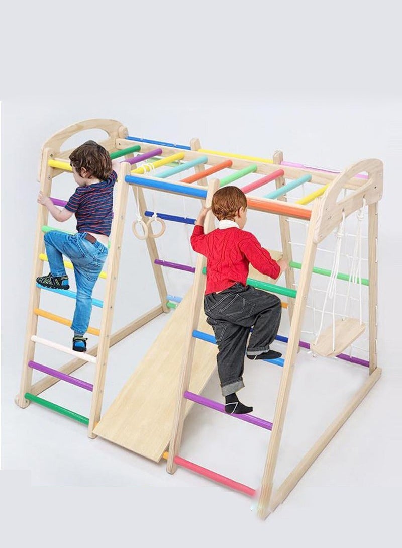 XiuWoo 7 in 1 Climbing Frame Indoor Household Solid Wood Children Small Family Park Slide, Rope Wall Climber, Monkey Bars, Swing Baby Rock Climbing Slide Swing Combination - Image 1