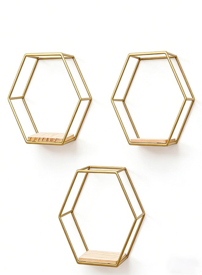CXYNDFA Gold Hexagon Wall Shelves Set of 3 - Floating Metal Shelves for Wall Mounted Decor, Geometric Shelving for Bedroom, Living Room, Kitchen & Office - Image 5