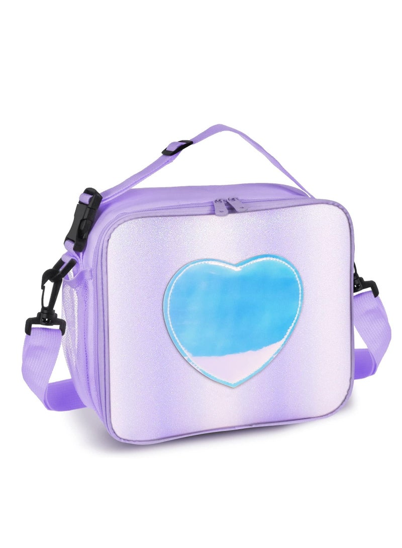 Children's Lunch Box, Rainbow Laser Tote Leakproof Insulated Bag Reusable Bento Picnic Ice Girls Simple Shoulder for School and Outdoor Backpack (Purple) - Image 1