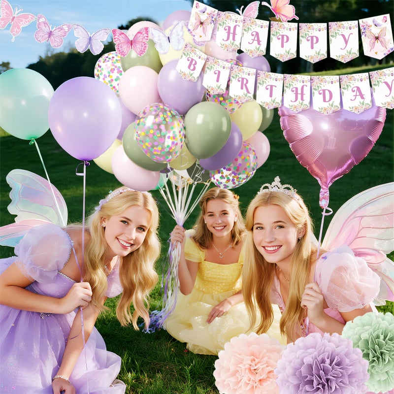 Aurasys Fairy Birthday Party Decorations Set, Fairy Themed Party Decorations, Green Purple Pink Yellow Balloons Butterfly Banner for Birthday Decorations Spring Tea Party - Image 5
