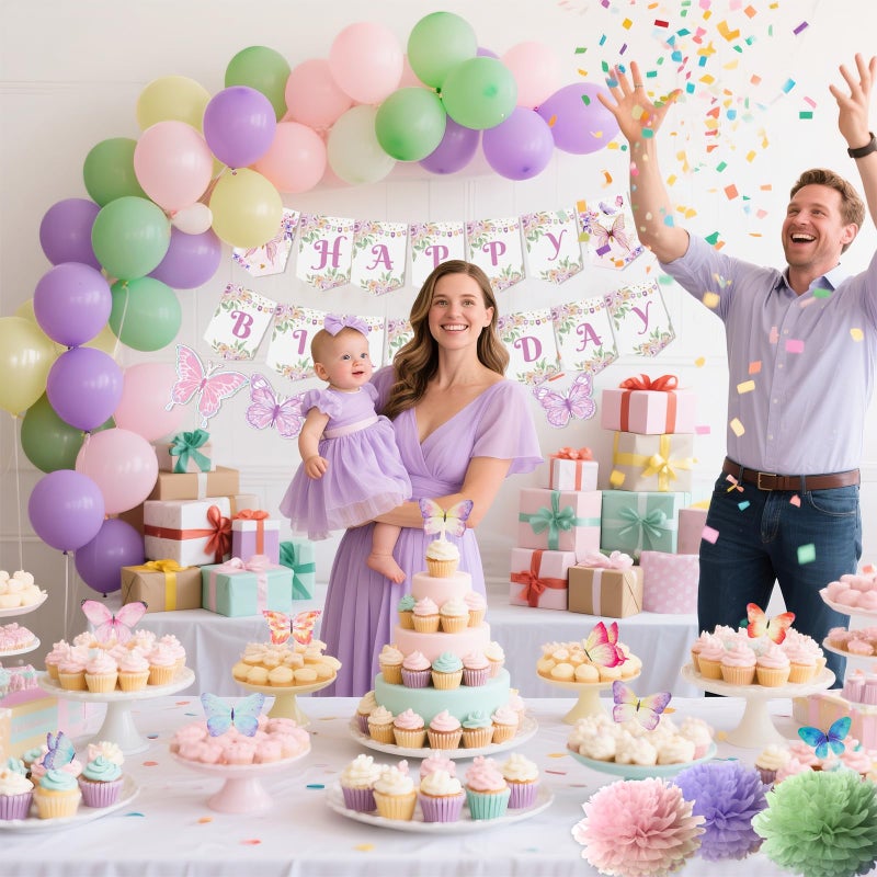 Aurasys Fairy Birthday Party Decorations Set, Fairy Themed Party Decorations, Green Purple Pink Yellow Balloons Butterfly Banner for Birthday Decorations Spring Tea Party - Image 4