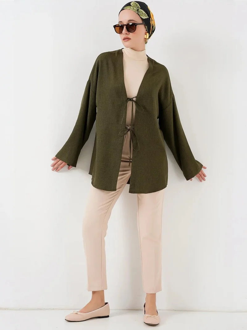 بيغ دارت كيمونو كتان بأكمام طويلة وتفاصيل ربط