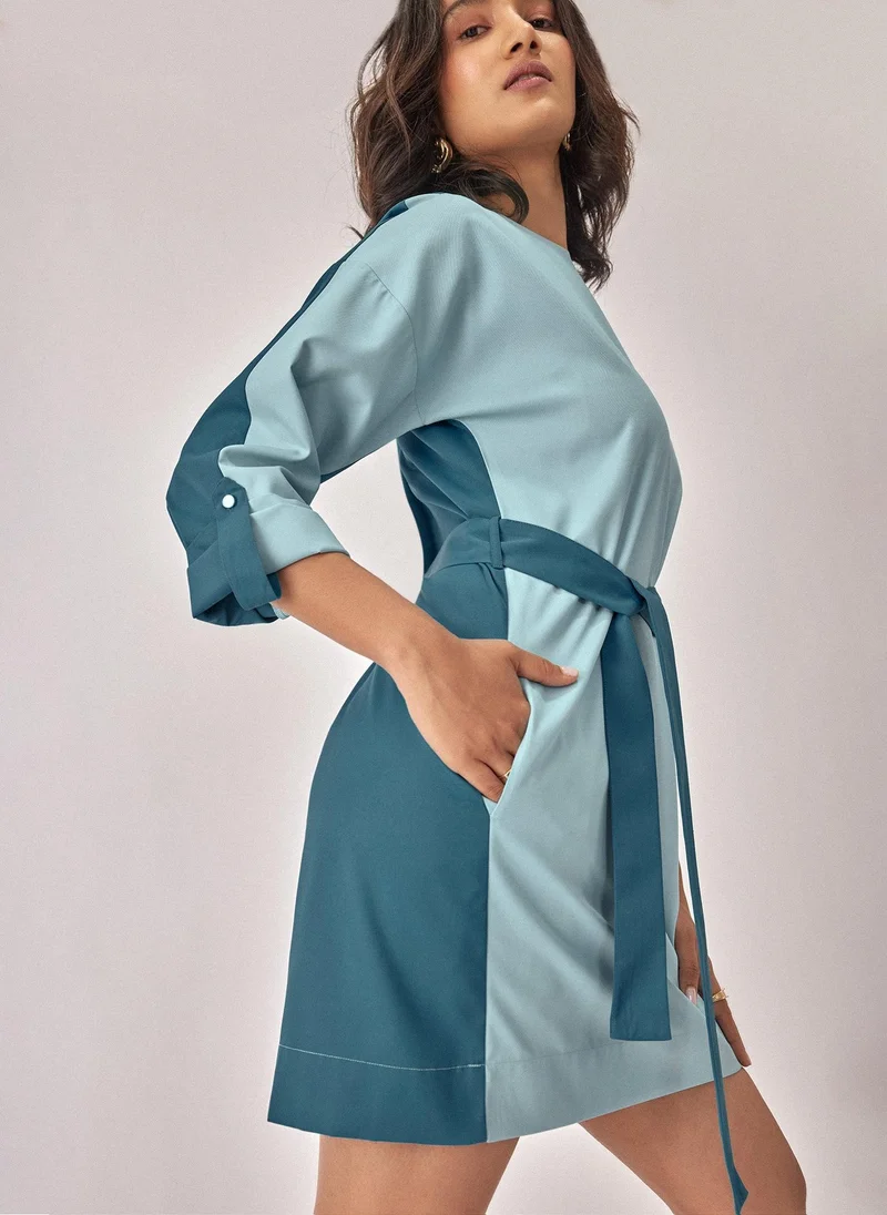 Teal Colourblock Mini Dress – Chic & Flowy