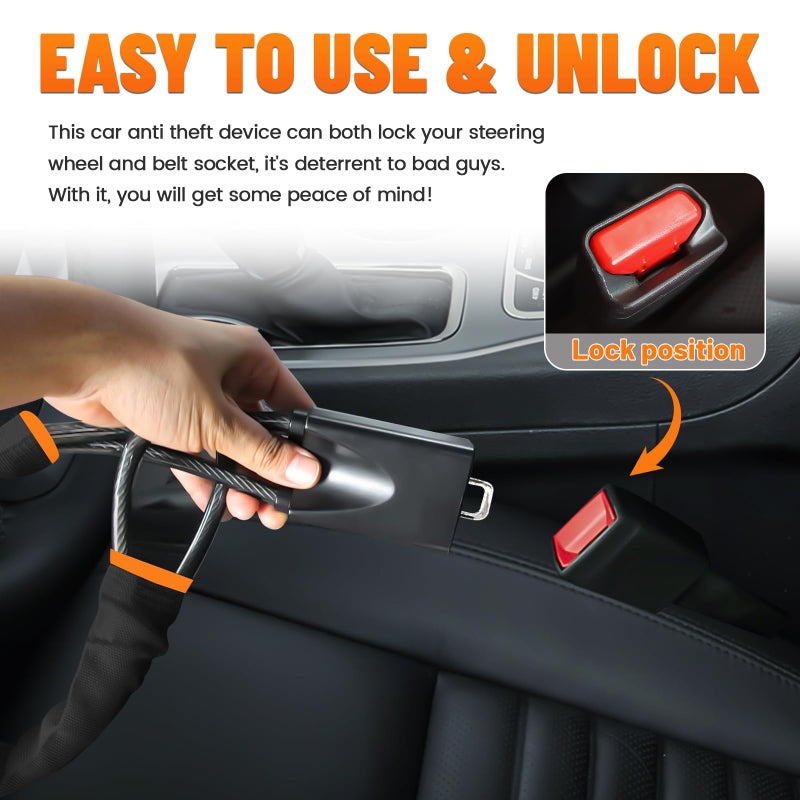 XGWZ DualGuard Car Steering Wheel & Seat Belt Lock - 17" Universal Anti-Theft Device for Vehicles, SUVs, Golf Carts | Compact & Lightweight Security Lock with Multi-Function Keys (Black) - Image 5