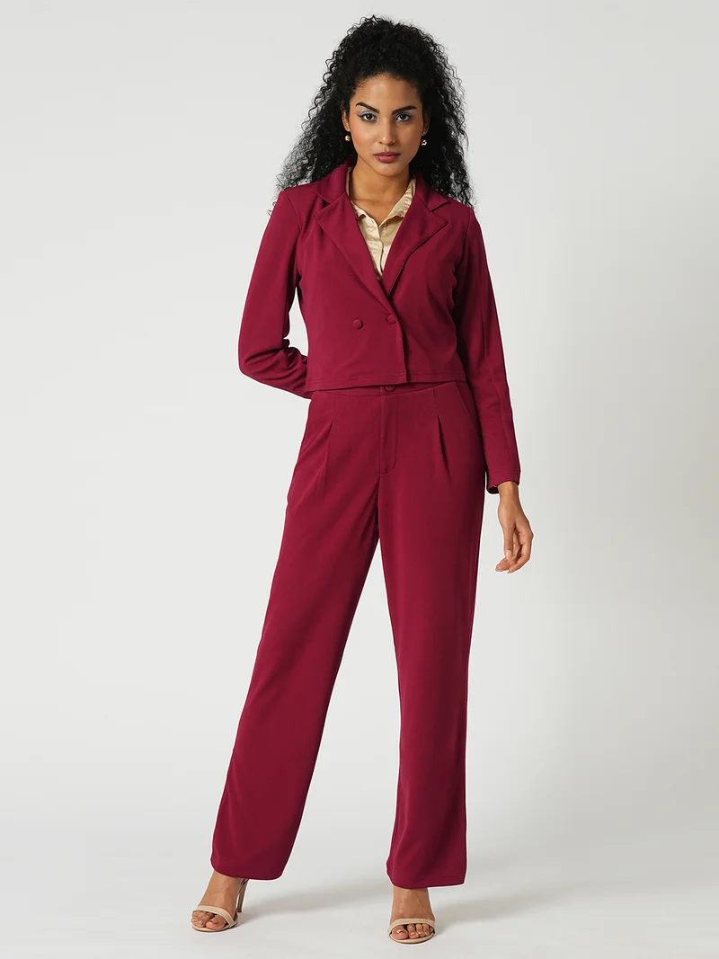 globus Women Solid Stretchable Breasted Blazer Jacket With Pleated Trousers Workwear Co-Ord Set
