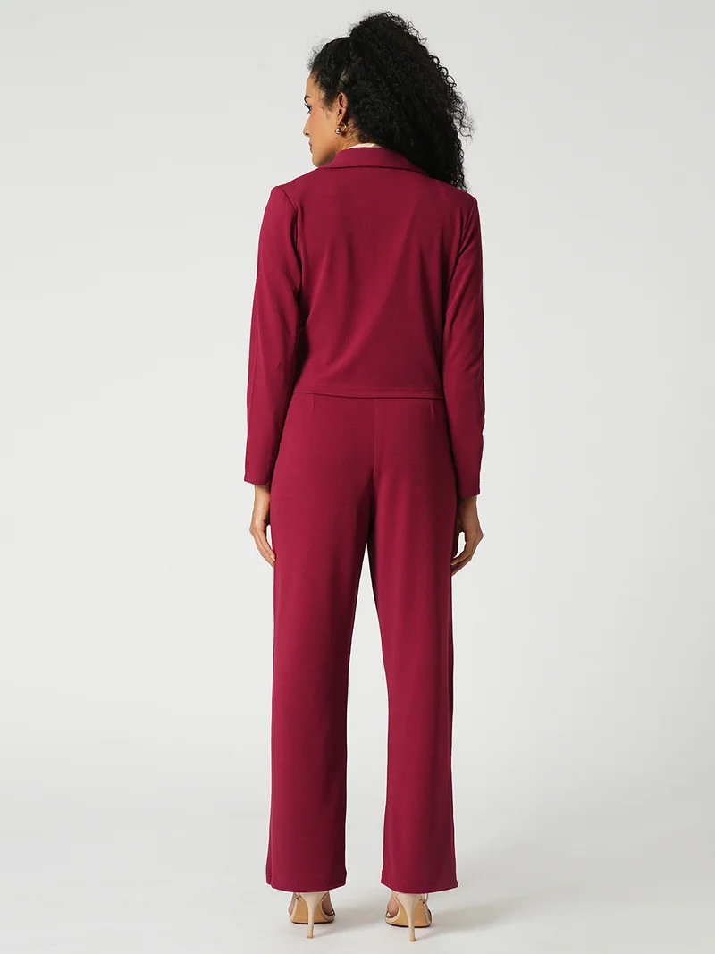 globus Women Solid Stretchable Breasted Blazer Jacket With Pleated Trousers Workwear Co-Ord Set