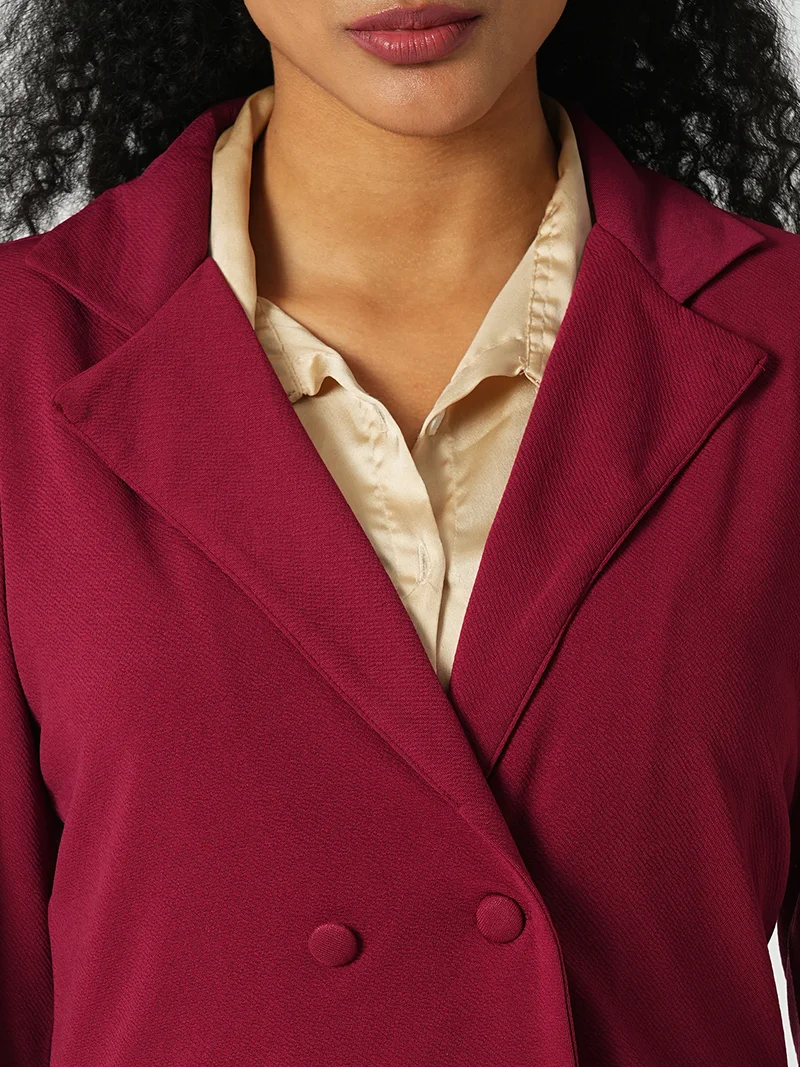 globus Women Solid Stretchable Breasted Blazer Jacket With Pleated Trousers Workwear Co-Ord Set