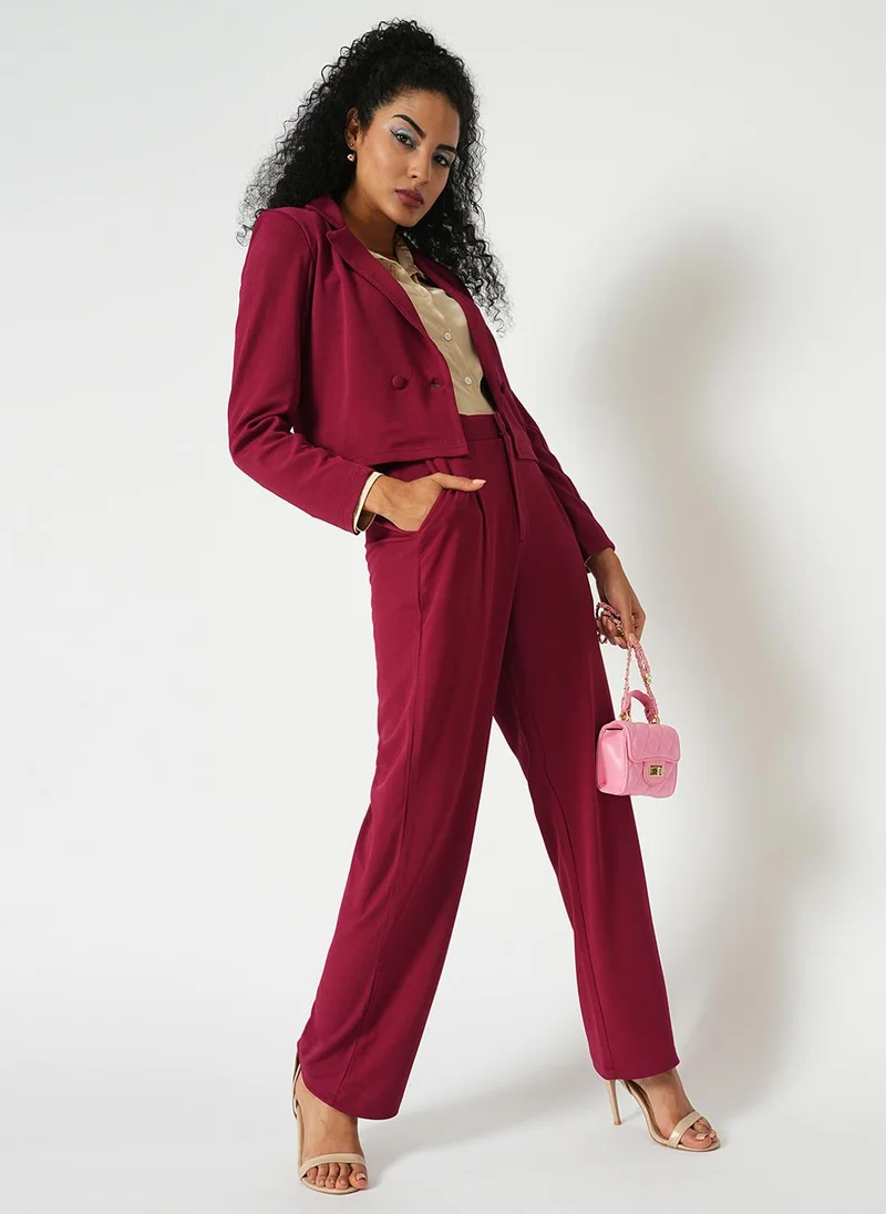 Globus Women Solid Stretchable Breasted Blazer Jacket With Pleated Trousers Workwear Co-Ord Set