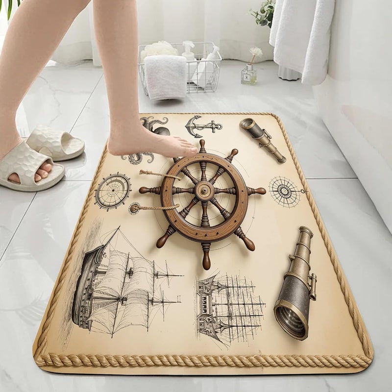 Ocean & Nautical Bathmat, Sailboat Ship Wheel Anchor Bathroom Rug, Vintage Coastal Rugs for Bathroom, Maritime Bath Mat, Diatomaceous Bath Mat, Absorbent & Non Slip & Washable & Quick Dry, 20x30 Inch - Image 4