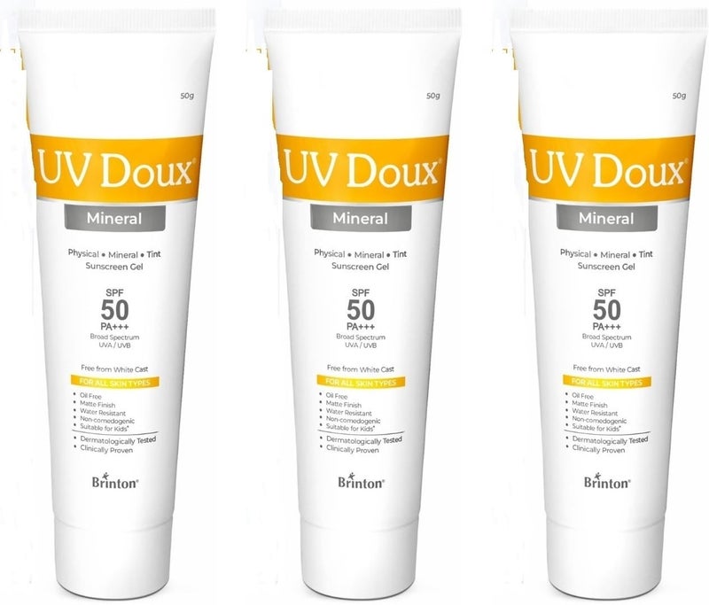 Brinton Brinton UV Doux Mineral Sunscreen Gel 100 MineralPhysical Sunscreen SPF 50 PA BroadSpectrum UVA UVB Protection Tinted Formula No White Cast NonComedogenic OilFree 50g x 3 - Image 1