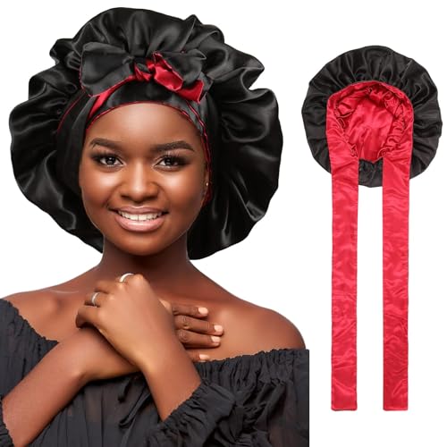 AWAYTR Satin Bonnet Silk Hair Bonnets for Women Curly Hair Wrap for Sleeping Reversible With Tie Band Night Cap Double Layer for Curly Hair Black Red - Image 1