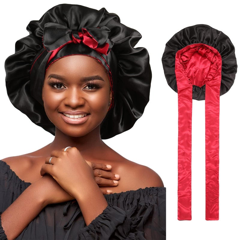 AWAYTR Satin Bonnet Silk Hair Bonnets for Women Curly Hair Wrap for Sleeping Reversible With Tie Band Night Cap Double Layer for Curly Hair Black Red - Image 2