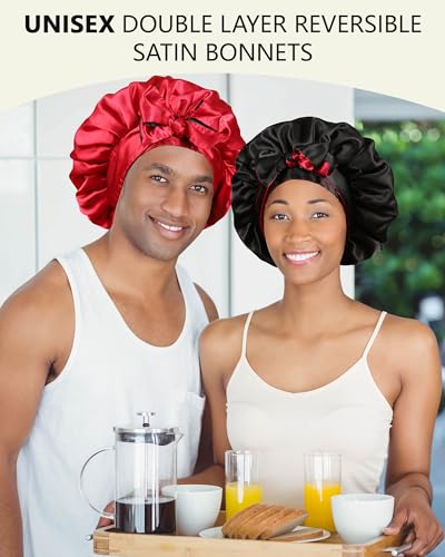 AWAYTR Satin Bonnet Silk Hair Bonnets for Women Curly Hair Wrap for Sleeping Reversible With Tie Band Night Cap Double Layer for Curly Hair Black Red - Image 3