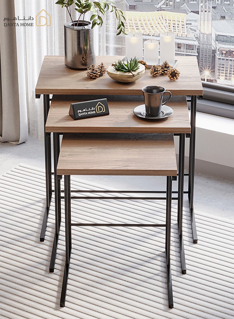 DANTA HOME Set Of 3 Side Table Coffee Tables Suitable For Placement Next To A Sofa, Wood Top And Metal Legs - Brown / Black - Image 2