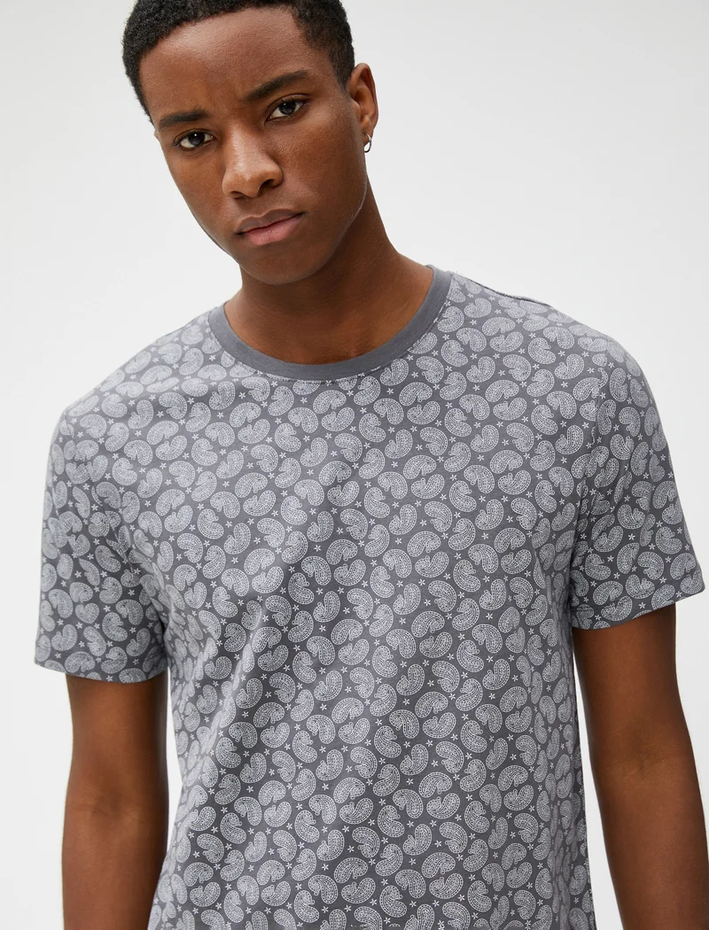كوتون Shawl Printed T-Shirt Crew Neck Slim Fit Cotton